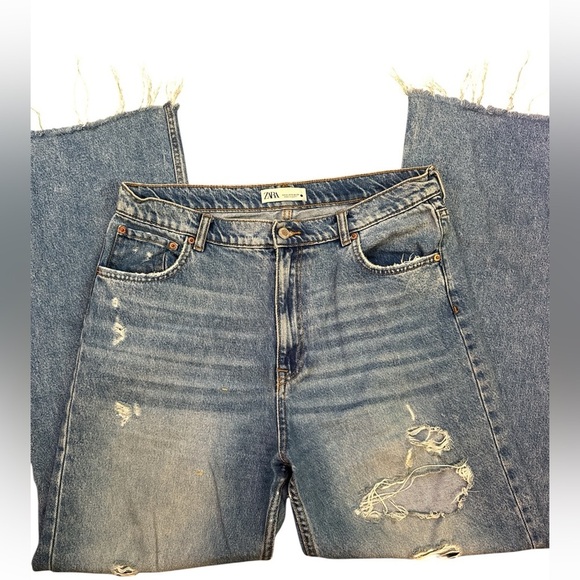 Zara Relaxed Fit Wide Leg Distressed Jeans Light Blue Euro 44 US 12 - Picture 6 of 6